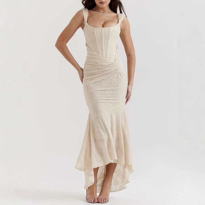 Women’s tight-fitting corset evening dress with integrated boning, ruched wrap design, and floral jacquard texture StylebySassy