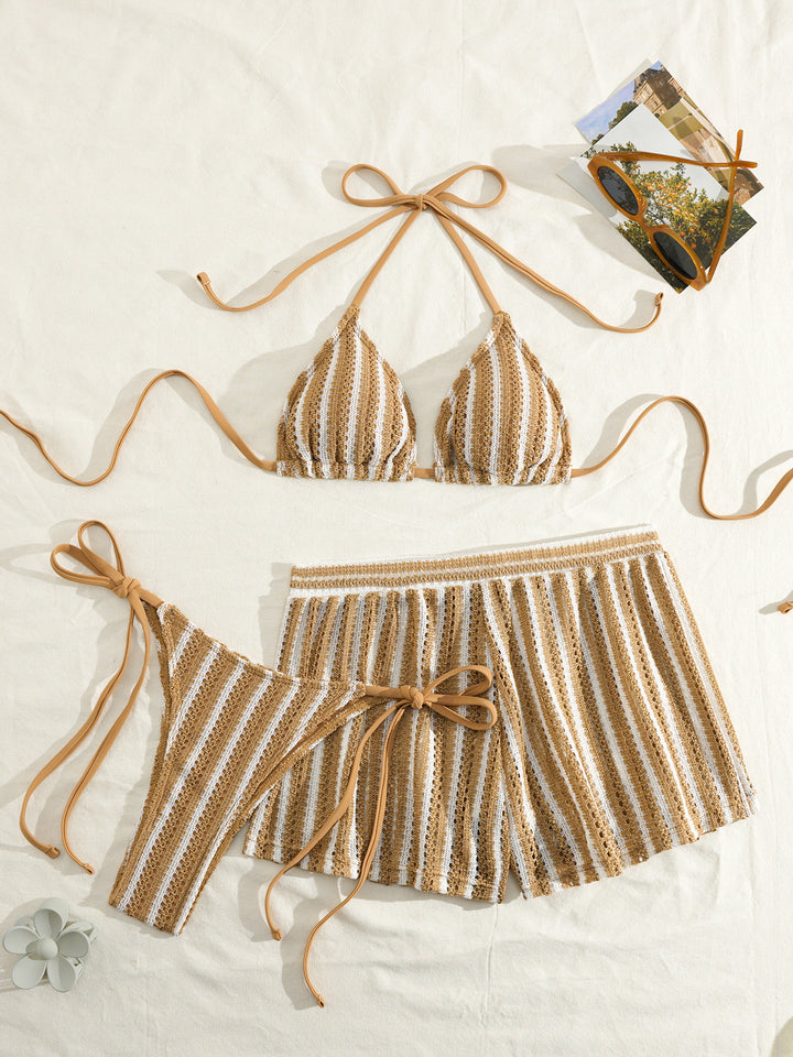 Women's bikini set with striped design and casual shorts StylebySassy