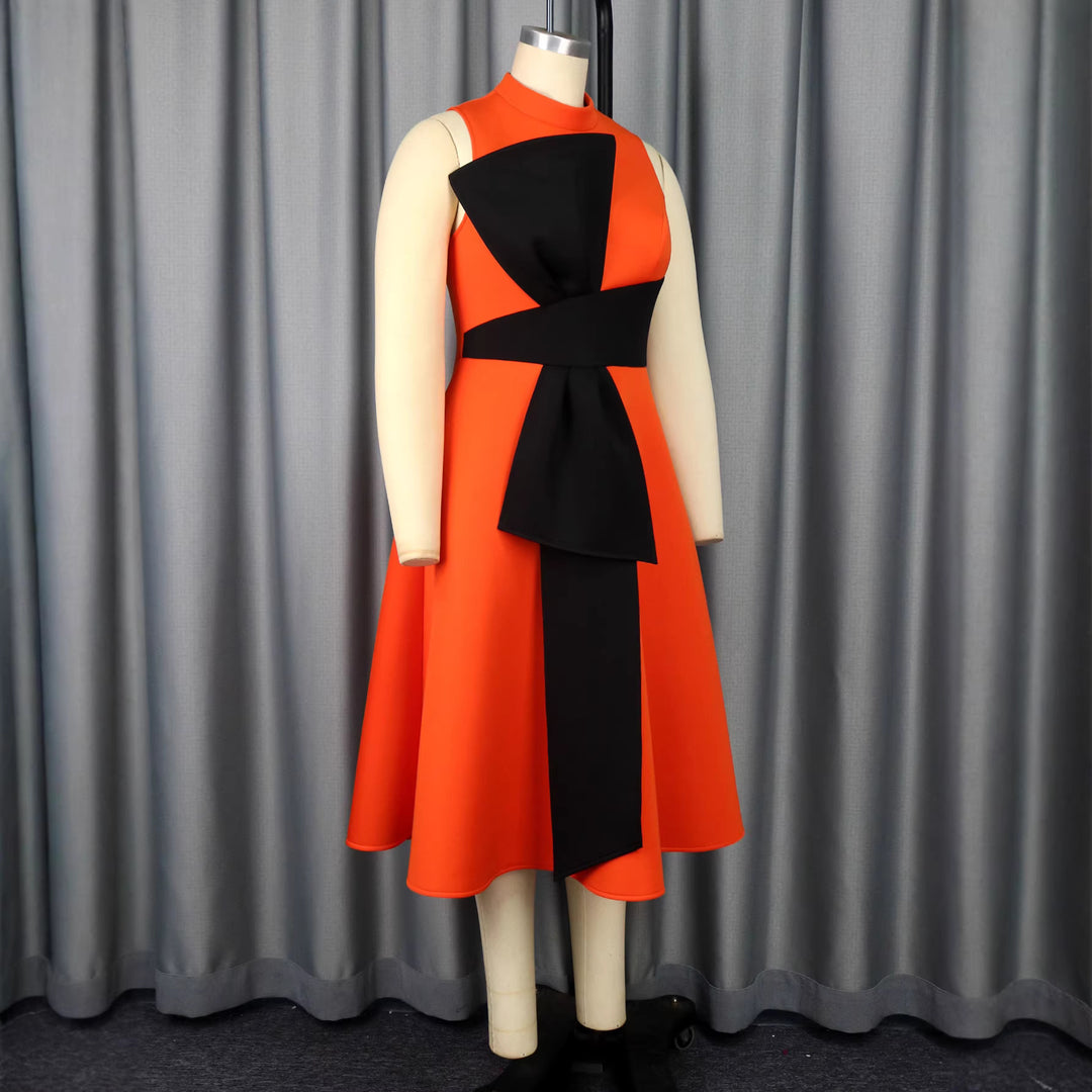 Women Elegant Midi Dress with Asymmetrical Cut and Voluminous Bow Accent