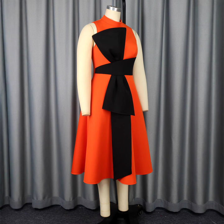 Women Elegant Midi Dress with Asymmetrical Cut and Voluminous Bow Accent