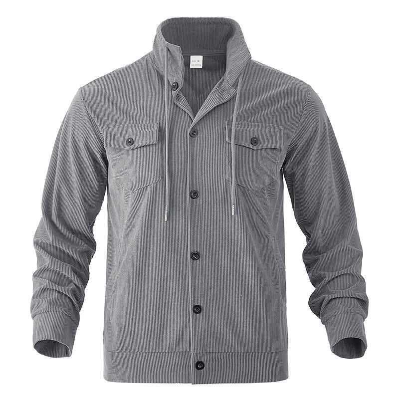 Men's functional cord shirt jacket with high stand collar, drawstring, and patch pockets StylebySassy
