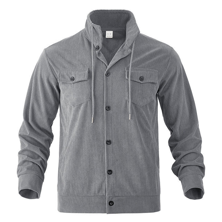 Men's functional cord shirt jacket with high stand collar, drawstring, and patch pockets StylebySassy