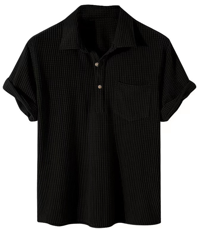 Men's waffle knit polo with shirt collar, short button placket and chest pocket StylebySassy