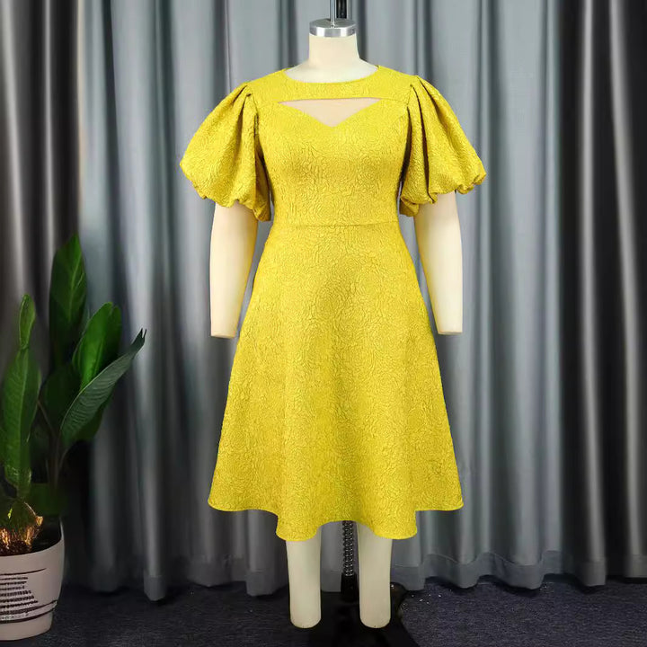 Women's midi dress with voluminous puff sleeves and decorative neckline StylebySassy