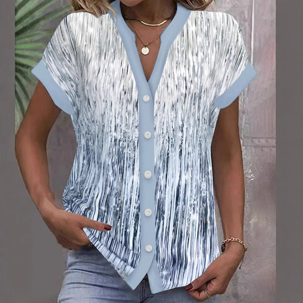 Women's short sleeve blouse with vertical brushstroke print, contrasting button placket and loose hem StylebySassy