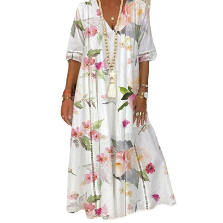 Ladies nan locker flowing Kaftan midimax dress with V-neck, openwork panels and lightweight linen blend quality StylebySassy