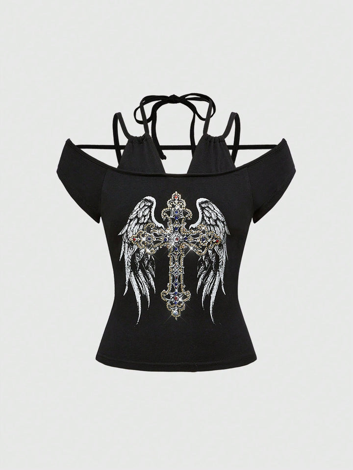 Women Off-Shoulder Top with Sparkling Cross Design StylebySassy