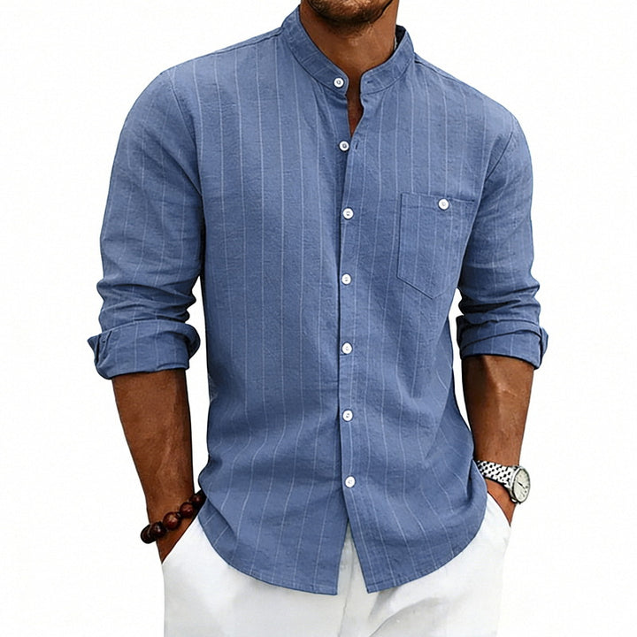 Men's breathable pinstripe long-sleeve shirt with stand collar, chest pocket, and rounded hem StylebySassy