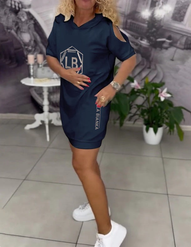 Women nan sporty hoodie tunic dress with shoulder cutouts and logo print StylebySassy