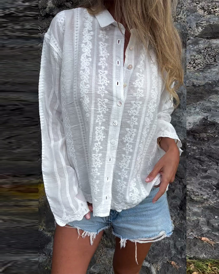 Women nan embroidered blouse with floral openwork embroidery, pearl button placket and casual oversized fit StylebySassy