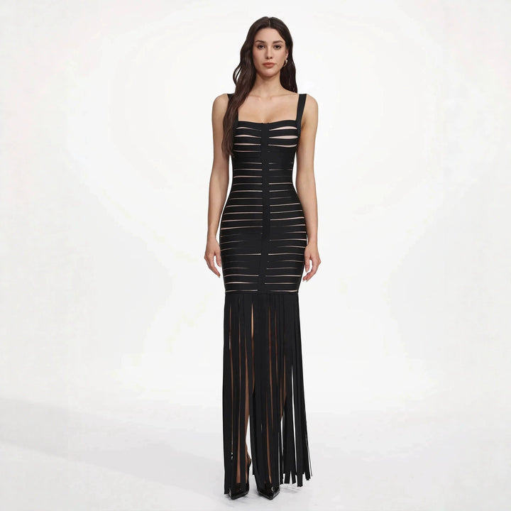 Women Elegant Evening Dress with Sophisticated Stripe Design and Fringing