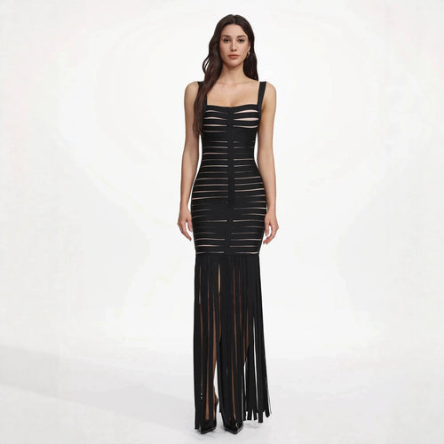 Women Elegant Evening Dress with Sophisticated Stripe Design and Fringing