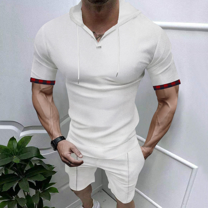 Men's summery hooded lounge set in lightweight waffle texture with short sleeve hoodie Henley opening and comfortable shorts StylebySassy