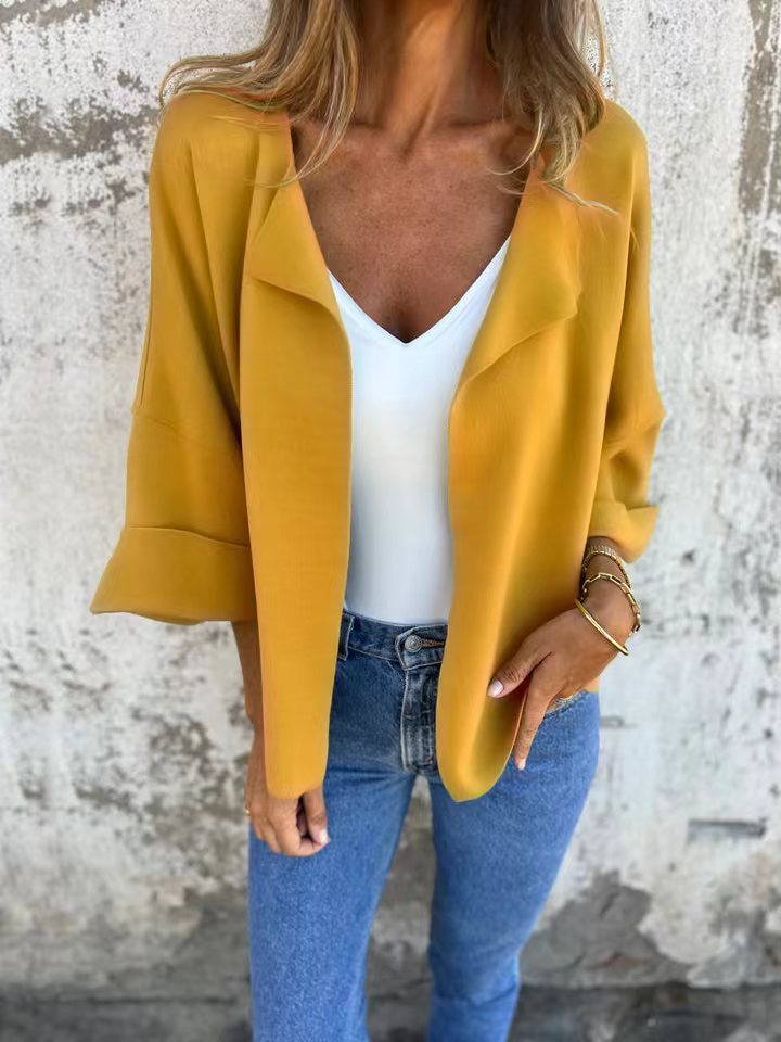 Women's light open knit cardigan with shawl collar, roll-up sleeves and boxy silhouette StylebySassy