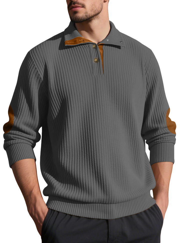 Men's ribbed half-button pullover with Kent collar and leather trim StylebySassy