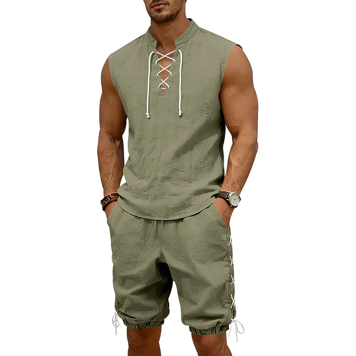 Men's sleeveless leisure set with lace collar and drawstring Bermuda StylebySassy
