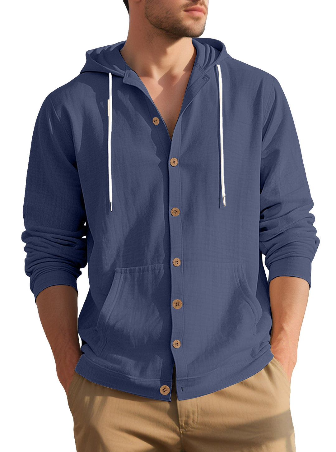 Men's lightweight hooded overshirt in crinkle look with wooden button placket and kangaroo pocket StylebySassy