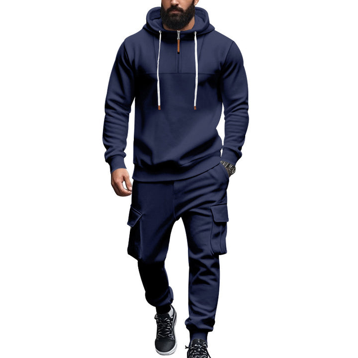 Men's cargo-style hooded sweatshirt and jogger set with short chest zipper and flap pockets StylebySassy