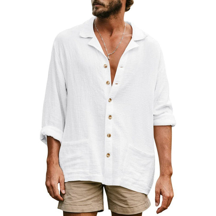 Men's airy cotton gauze shirt with open lapel collar, full button placket, and patch pockets StylebySassy