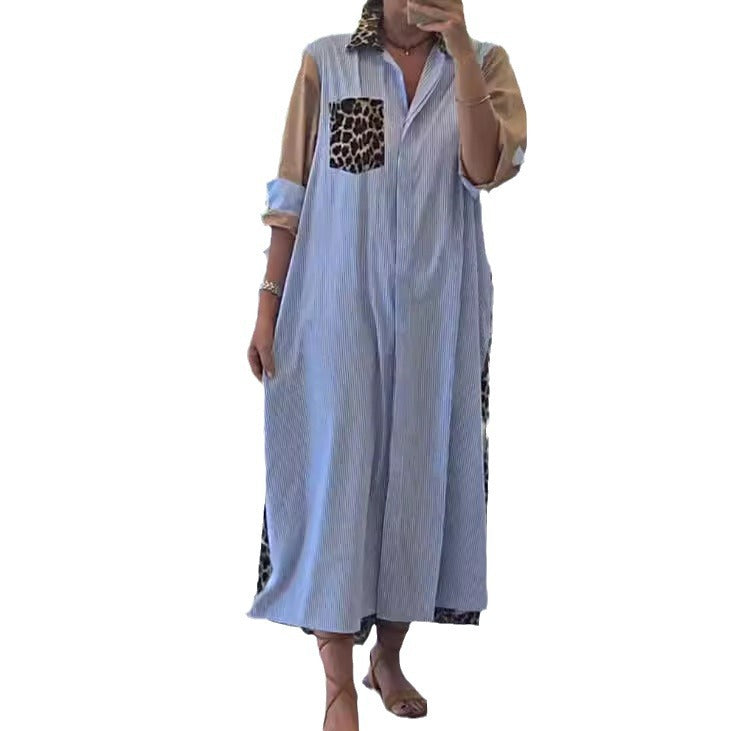 Women's shirt dress in print mix with leopard print side inserts, pinstripe yoke and roll-up sleeves StylebySassy