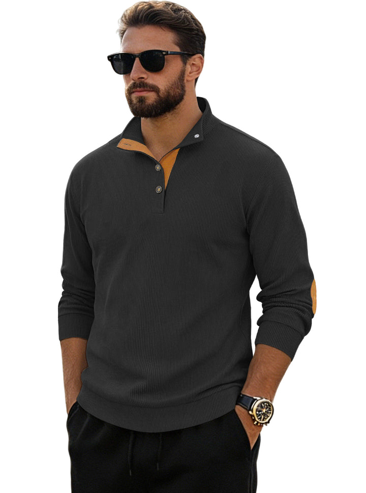 Men's fine ribbed knitted pullover with polo collar button placket and elbow patch StylebySassy
