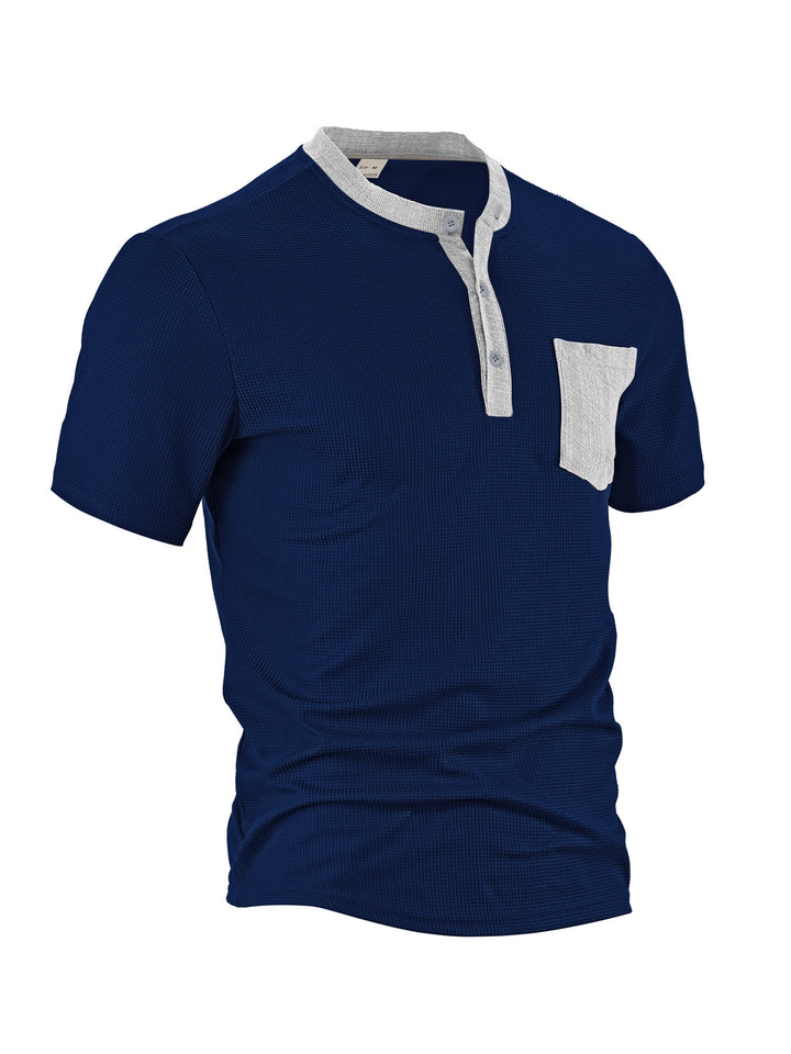 Men's breathable waffle henley shirt with stand-up collar, short button placket, and patch chest pocket StylebySassy