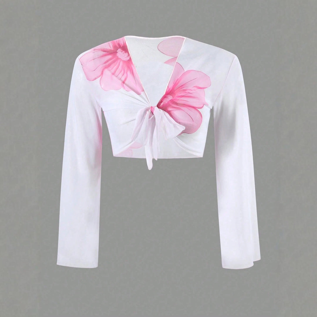 Women's bikini set with floral wrap cloth and long-sleeved top StylebySassy