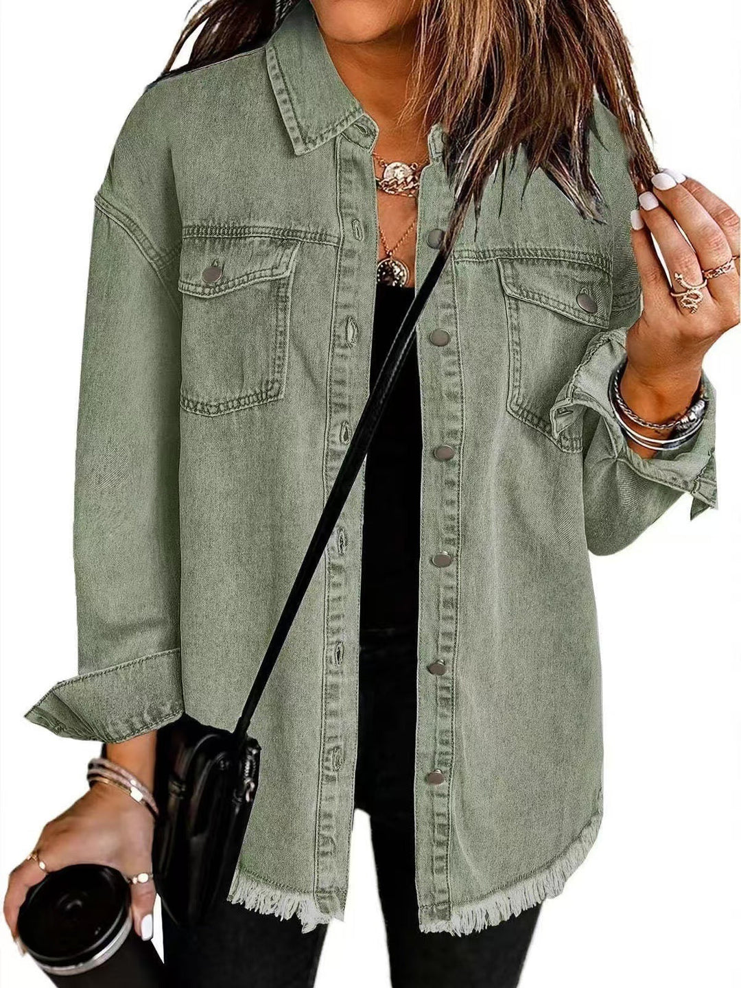 Women's Collared Button Front Jacket with Frayed Hem