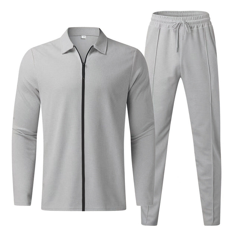Men's casual waffle texture tracksuit with shirt collar, concealed zipper and drawstring pants StylebySassy