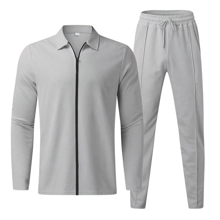 Men's casual waffle texture tracksuit with shirt collar, concealed zipper and drawstring pants StylebySassy