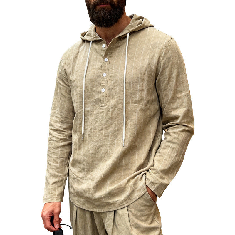 Men's linen blend hoodie shirt with half button placket and pinstripes StylebySassy