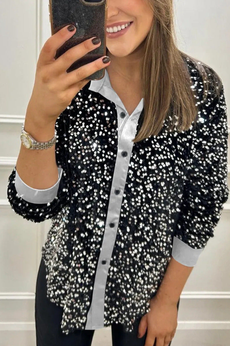 Women's shimmering sequin shirt blouse with collar, button placket, and elastic cuffs StylebySassy