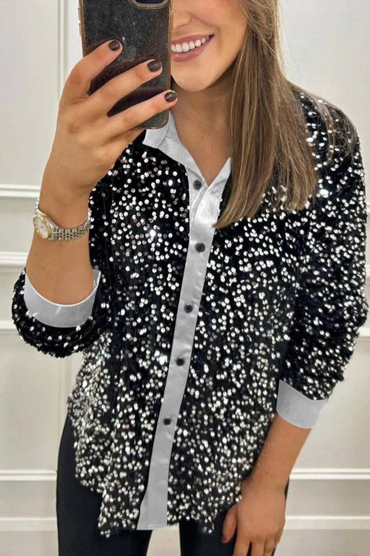 Women's shimmering sequin shirt blouse with collar, button placket, and elastic cuffs StylebySassy