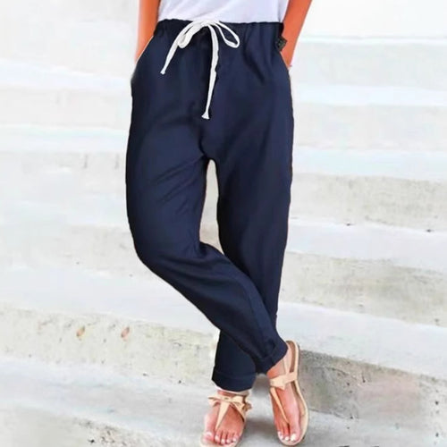 Women's casual relaxed pants with elastic waistband, drawstring, side pockets, and rolled hem StylebySassy