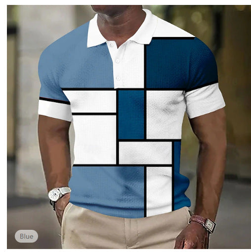 Men's short-sleeved polo shirt with geometric block pattern and fine structured piqué StylebySassy