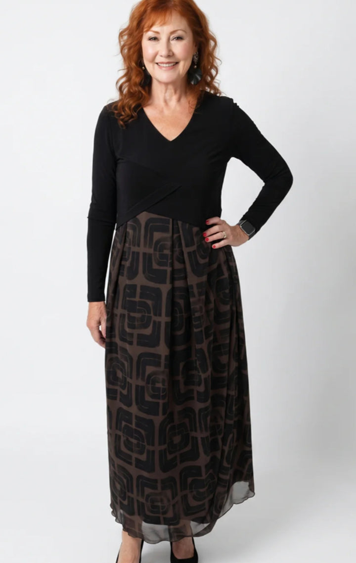 Ladies' V-neck Maxi Dress with Fitted Wrap Top and Transparent Patterned Overlay Skirt StylebySassy