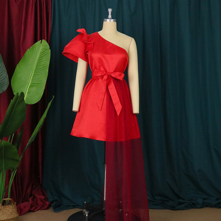 Women asymmetrical cocktail dress with ruffle and waist lacing StylebySassy