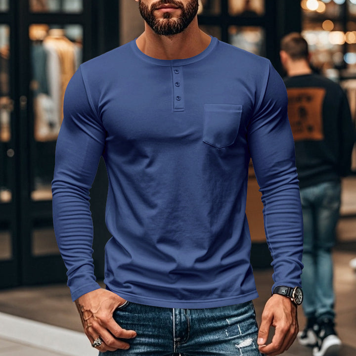 Men's slim long-sleeve button shirt with short button placket and chest pocket StylebySassy