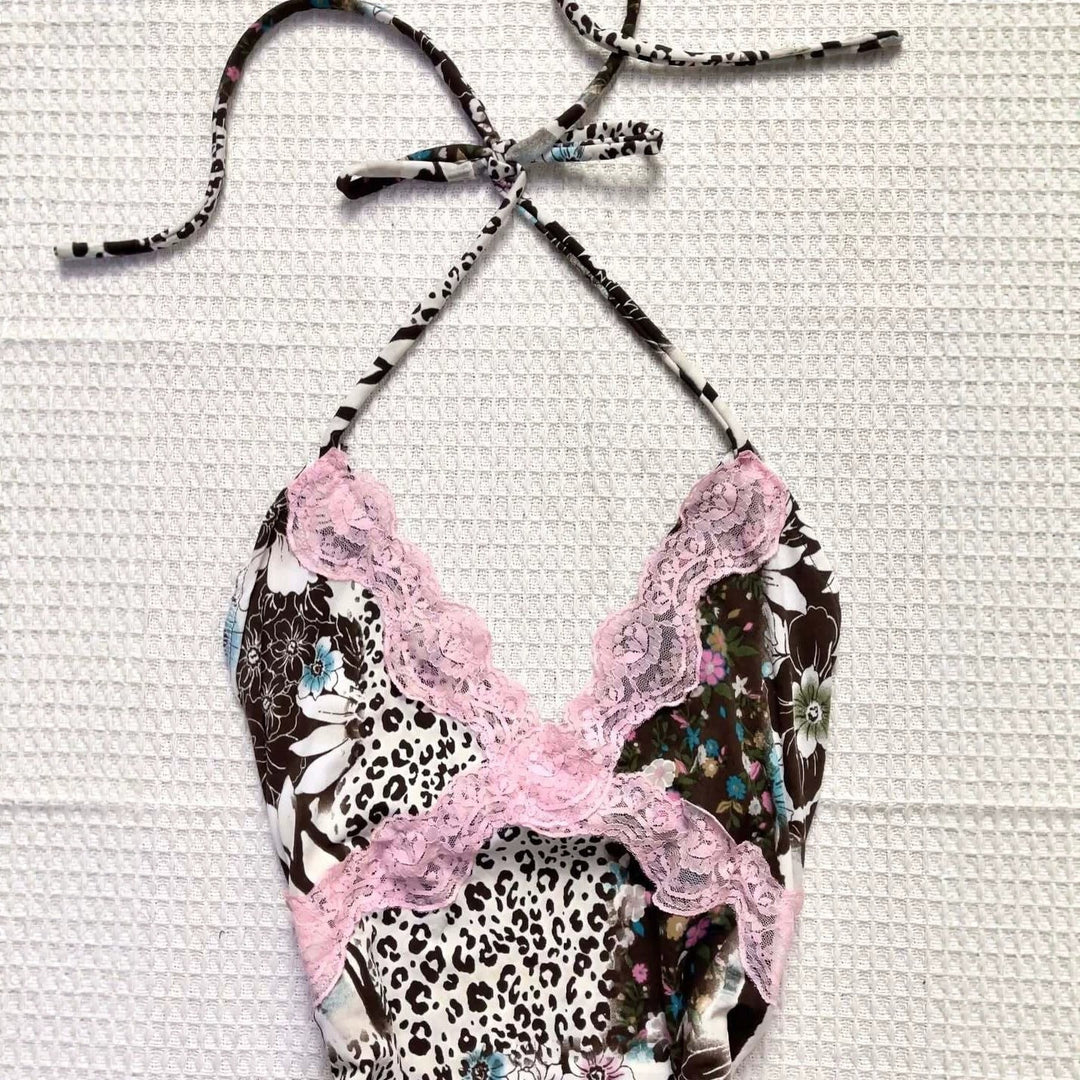 Women Playful Halter Top with Floral and Leopard Pattern StylebySassy