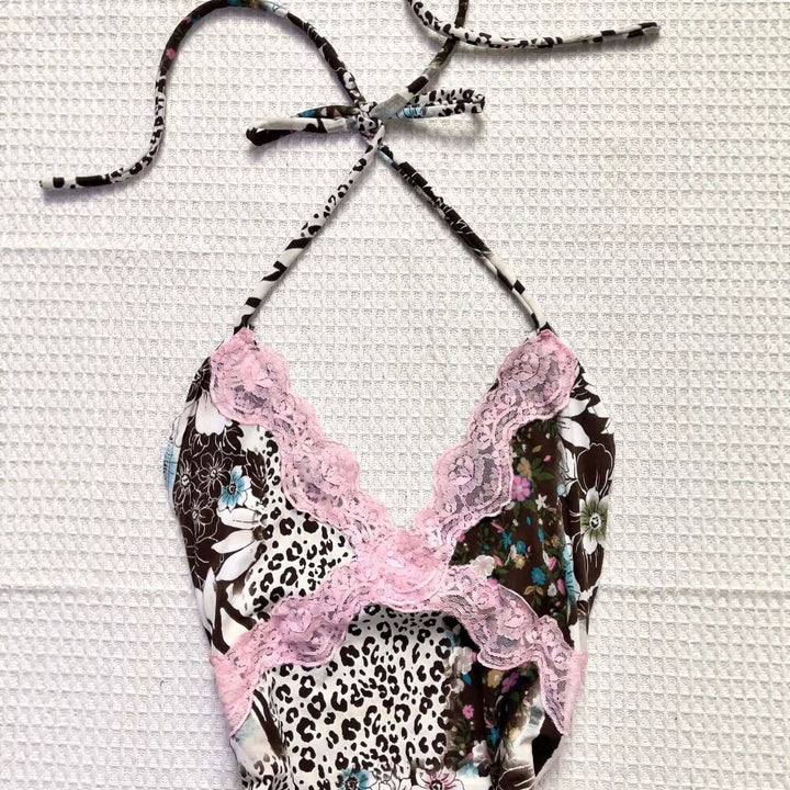 Women Playful Halter Top with Floral and Leopard Pattern StylebySassy