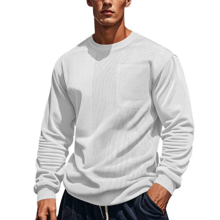 Men's structured round neck sweatshirt with chest pocket and asymmetrical rib panel StylebySassy