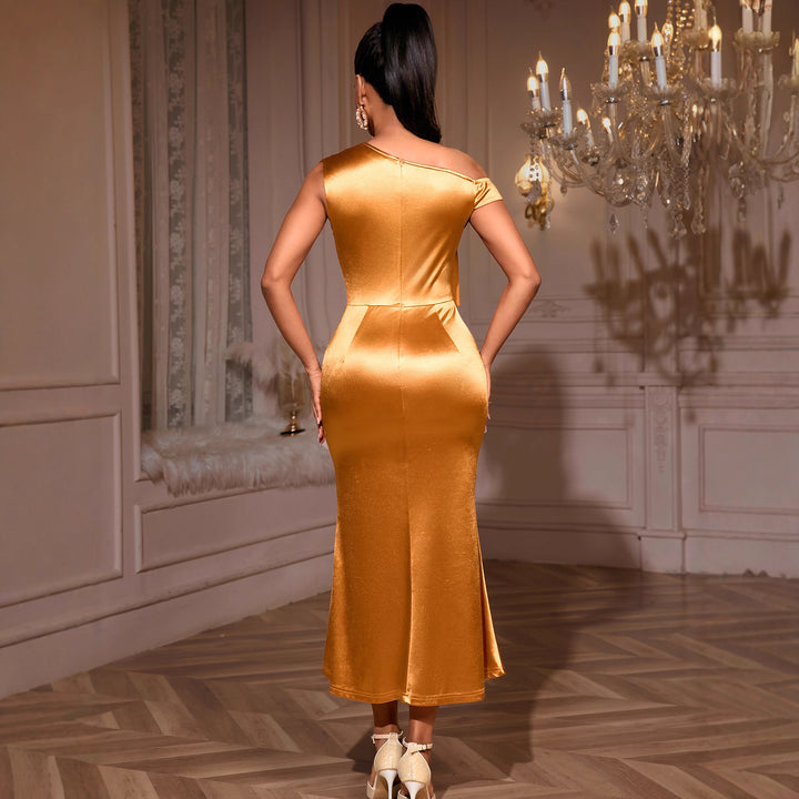 Women's elegant satin cocktail dress with shoulder pleats and side slit StylebySassy