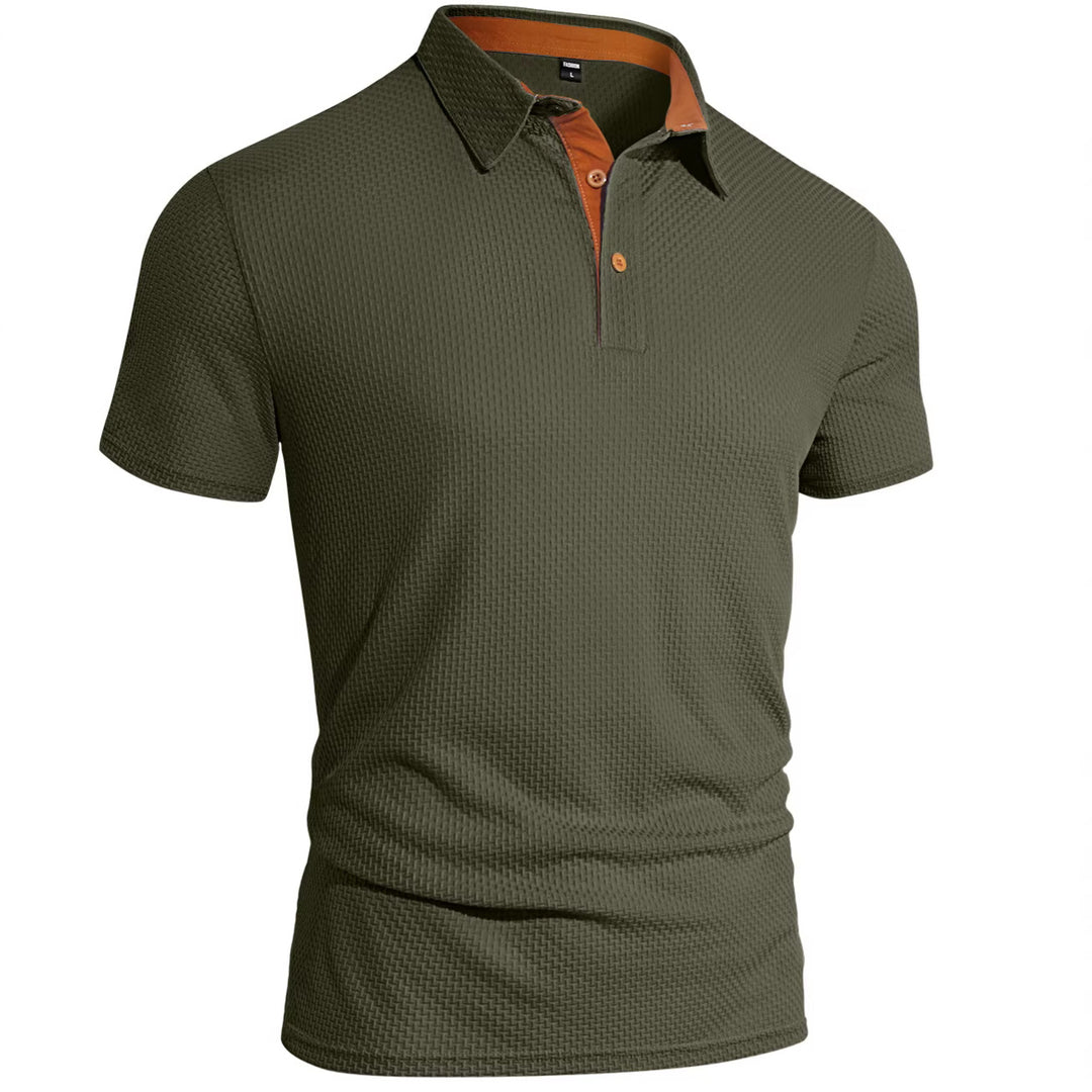 Men's finely textured polo shirt with shirt collar, contrast inner placket, and side slits StylebySassy