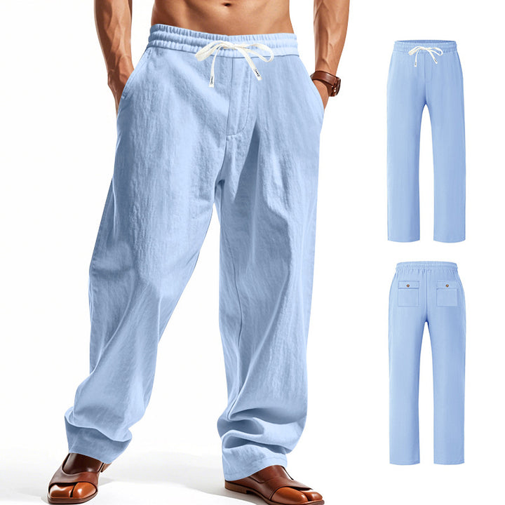 Men's wide comfort trousers in linen blend with elastic drawstring, straight leg, and patch back pockets StylebySassy
