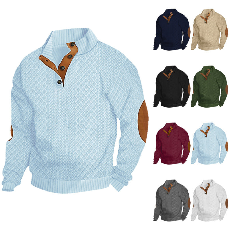 Men's cable knit turtleneck with stand-up collar, half button placket, and contrasting leather applications StylebySassy