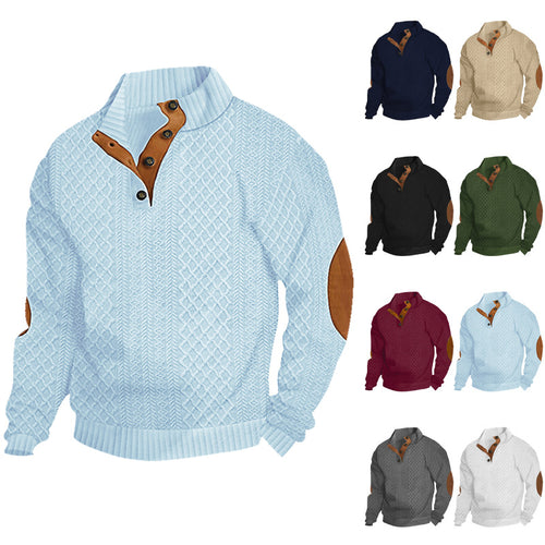 Men's cable knit turtleneck with stand-up collar, half button placket, and contrasting leather applications StylebySassy