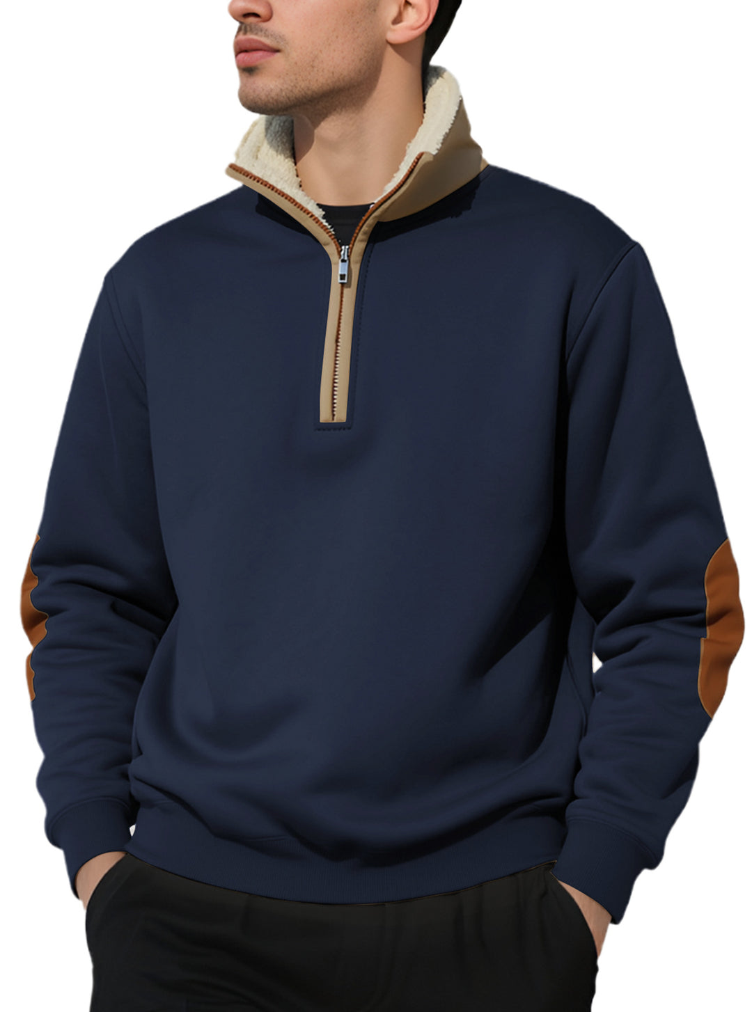 Men's nano lightweight half-zip sweatshirt with sherpa lined stand-up collar and faux leather elbow patch StylebySassy