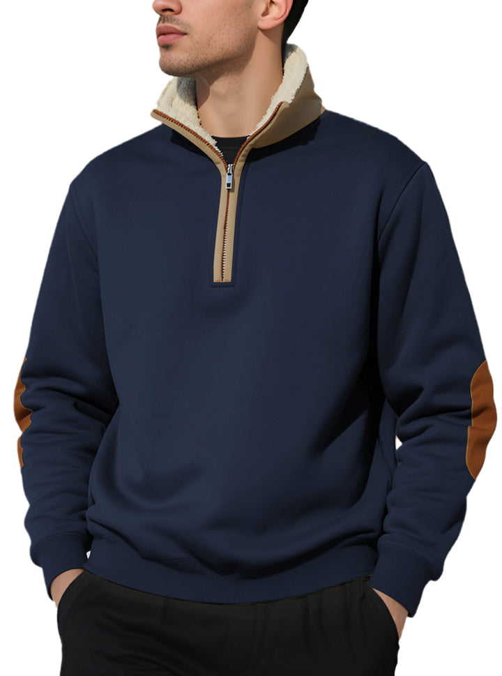 Men's nano lightweight half-zip sweatshirt with sherpa lined stand-up collar and faux leather elbow patch StylebySassy