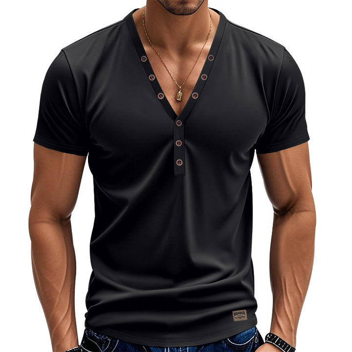 Men's tailored short-sleeve Henley shirt made of cotton-elastane with a deep V-neckline and decorative button placket StylebySassy