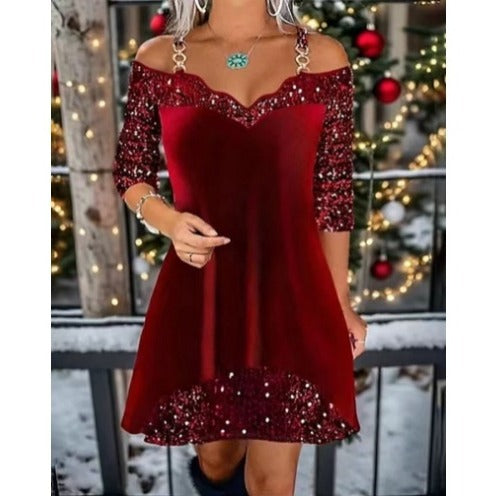 Women's off-shoulder sequin swing dress with delicate chain straps, elbow-length sleeves, and ruffle trim StylebySassy